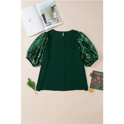 Blackish Green Plus Size Sequin Short Puff Sleeve Top