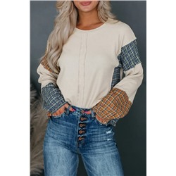 Smoke Gray Plaid Patchwork Raw Seam Long Sleeve Top