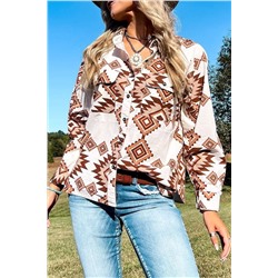 White Western Aztec Pattern Button Flap Pocket Shirt