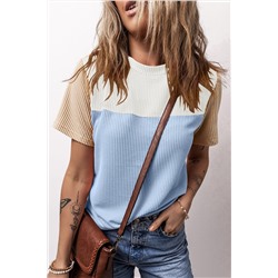 Light Blue Rib Textured Colorblock T Shirt