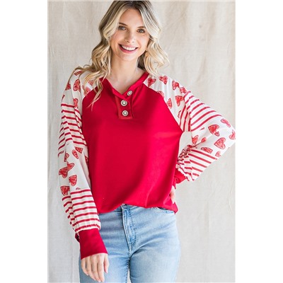 Fiery Red Heart Striped Raglan Sleeve Henley Top