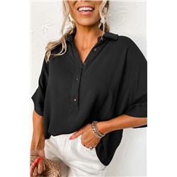 Black Collared Half Buttons Folded Short Sleeve Oversize Top