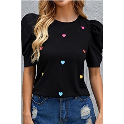 Pink Heart Shape Print Short Puff Sleeve Top