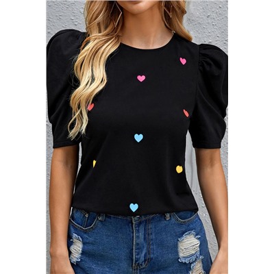 Pink Heart Shape Print Short Puff Sleeve Top