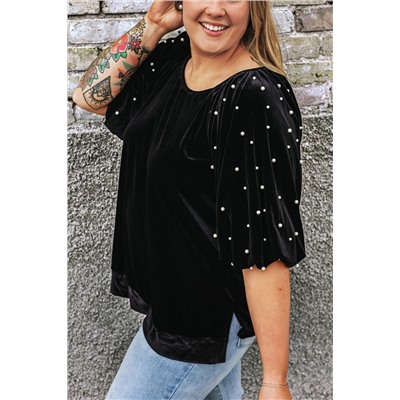 Black Pearl Embellished Puff Sleeve Velvet Plus Size Top