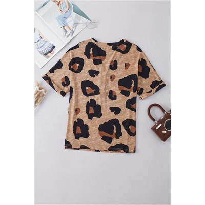 Light French Beige Leopard Folded Short Sleeve Buttoned V Neck T Shirt