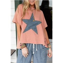 Apricot Pink Mineral Wash Studded Star Patch Graphic High Low Tee