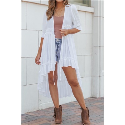 White Half Sleeve Ruffled High Low Kimono