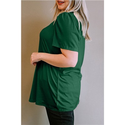 Green Plus Size Square Neck Ruched Shoulder Short Sleeve Top