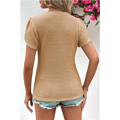 Camel V Neck Petal Sleeve Waffle Knit T-Shirt