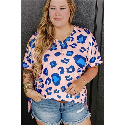 Pink Leopard Print V Neck Plus Size Tee