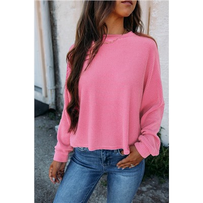 Bonbon Solid Color Corded Textured Long Sleeve Top