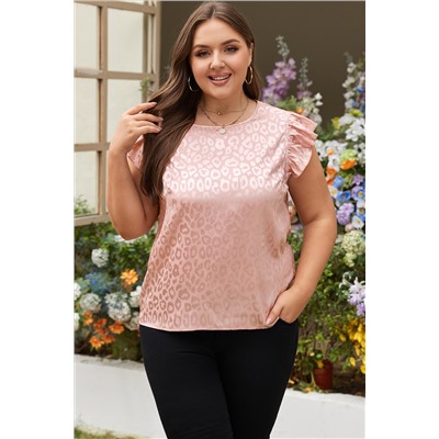 Pink Plus Size Leopard Print Ruffled Flutter Sleeve Satin Blouse