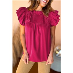 Rose Red Smocked Ruffle Sleeve Blouse