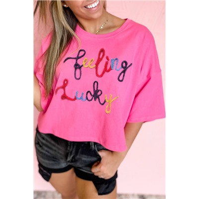 Bonbon Feeling Lucky Embroidered Letter Graphic Half Sleeve Top