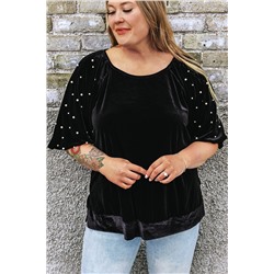 Black Pearl Embellished Puff Sleeve Velvet Plus Size Top