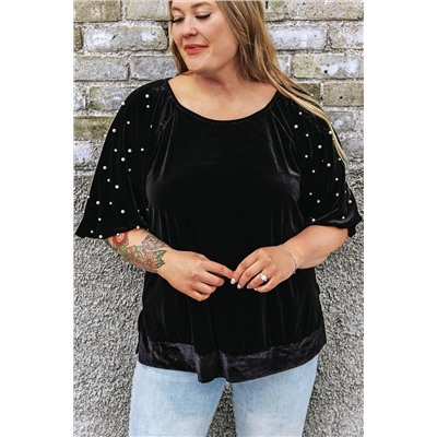 Black Pearl Embellished Puff Sleeve Velvet Plus Size Top