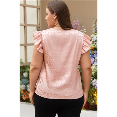 Pink Plus Size Leopard Print Ruffled Flutter Sleeve Satin Blouse