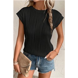 Black Wavy Texture Cap Sleeve Top