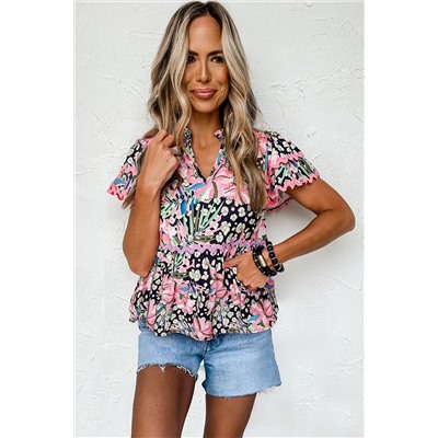 Pink Ricrac Floral Tiered Short Sleeve Blouse