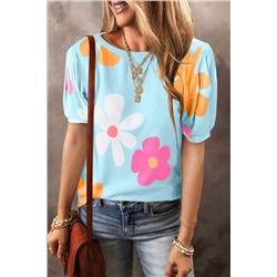 Sky Blue Flower Print Bubble Sleeve Tee