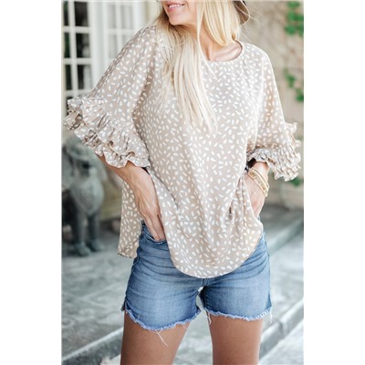 Khaki Dolman Ruffled Sleeve Loose Blouse