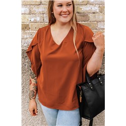 Gold Flame Plus Size Solid Wrapped Ruffled Sleeve V Neck Blouse