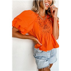 Orange Hollowed Lace Splicing Puff Sleeve Blouse