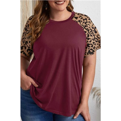 Burgundy Contrast Leopard Raglan Sleeve Plus Size T-shirt