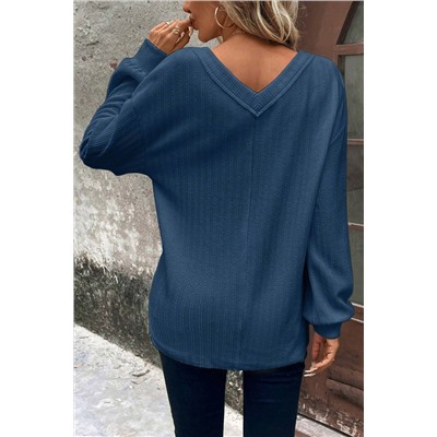 Real Teal V Neck Textured Long Sleeve Top