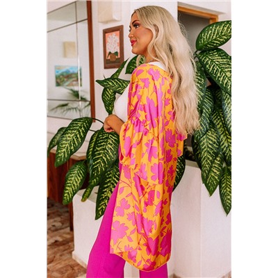 Orange Ruffled 3/4 Sleeve Floral Kimono