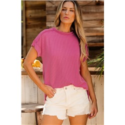 Rose Red Textured Knit Exposed Stitching T-shirt