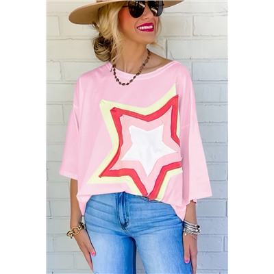 Light Pink Colorblock Star Patched Half Sleeve Oversized Tee