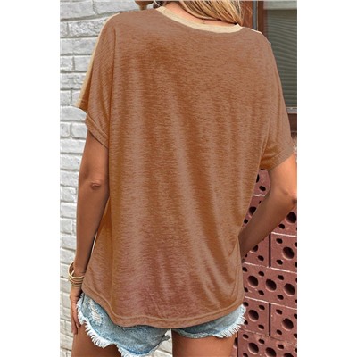 Brown Asymmetric Cut out Colorblock T Shirt