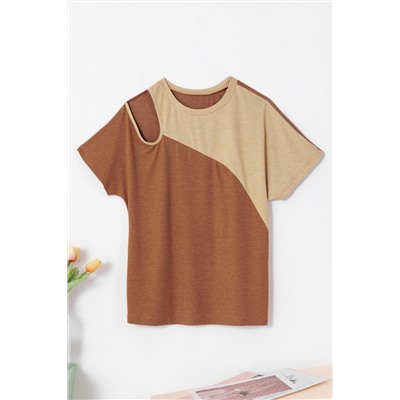 Brown Asymmetric Cut out Colorblock T Shirt