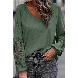 Green Crochet Lace Patch Raglan Sleeve Top