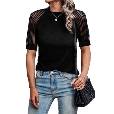 Black Striped Mesh Sleeve Crew Neck Ribbed T Shirt