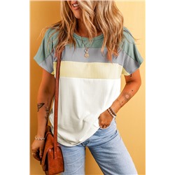 Moonlight Jade Ribbed Color Block Patchwork T-shirt