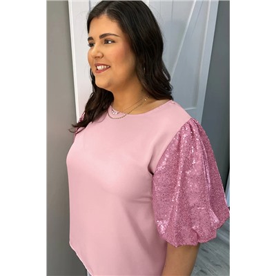 Pink Contrast Sequin Bubble Sleeve Plus Size T-shirt