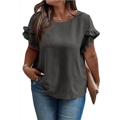 Dark Grey Ruffled Short Sleeve Plus Size Top