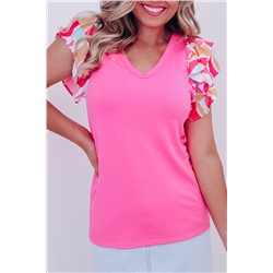 Bonbon V Neck Printed Ruffle Sleeve Patchwork T-shirt