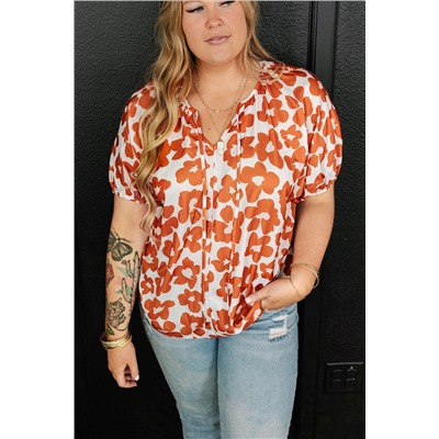 Orange Plus Size Floral Print Drawstring V Neck Short Sleeve Blouse