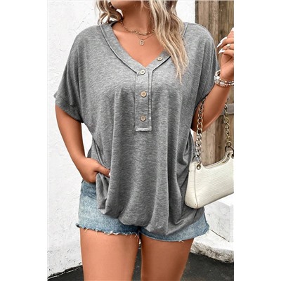 Gray Plus Size Buttoned V Neck Batwing Sleeve Top