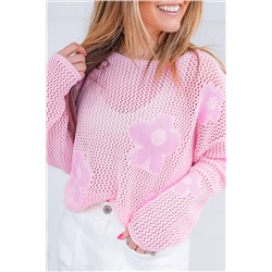 Light Pink Big Flower Hollowed Knit Drop Shoulder Sweater