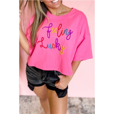 Bonbon Feeling Lucky Embroidered Letter Graphic Half Sleeve Top