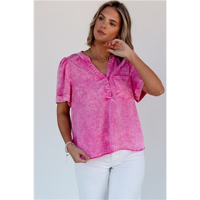 Bright Pink Mineral Wash Split Neck Pocket Patched Denim Top