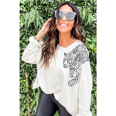 Beige Cheetah Pattern Drop Shoulder Long Sleeve Top