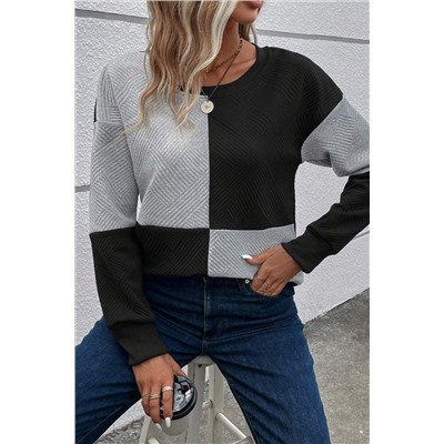 Black Color Block Textured Drop Shoulder Top