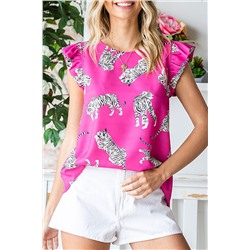 Rose Tiger Pattern Flutter Sleeve Crew Neck Blouse