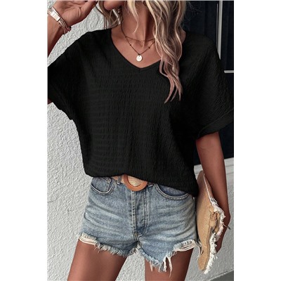 Black Textured Rolled Short Sleeve V Neck Tee